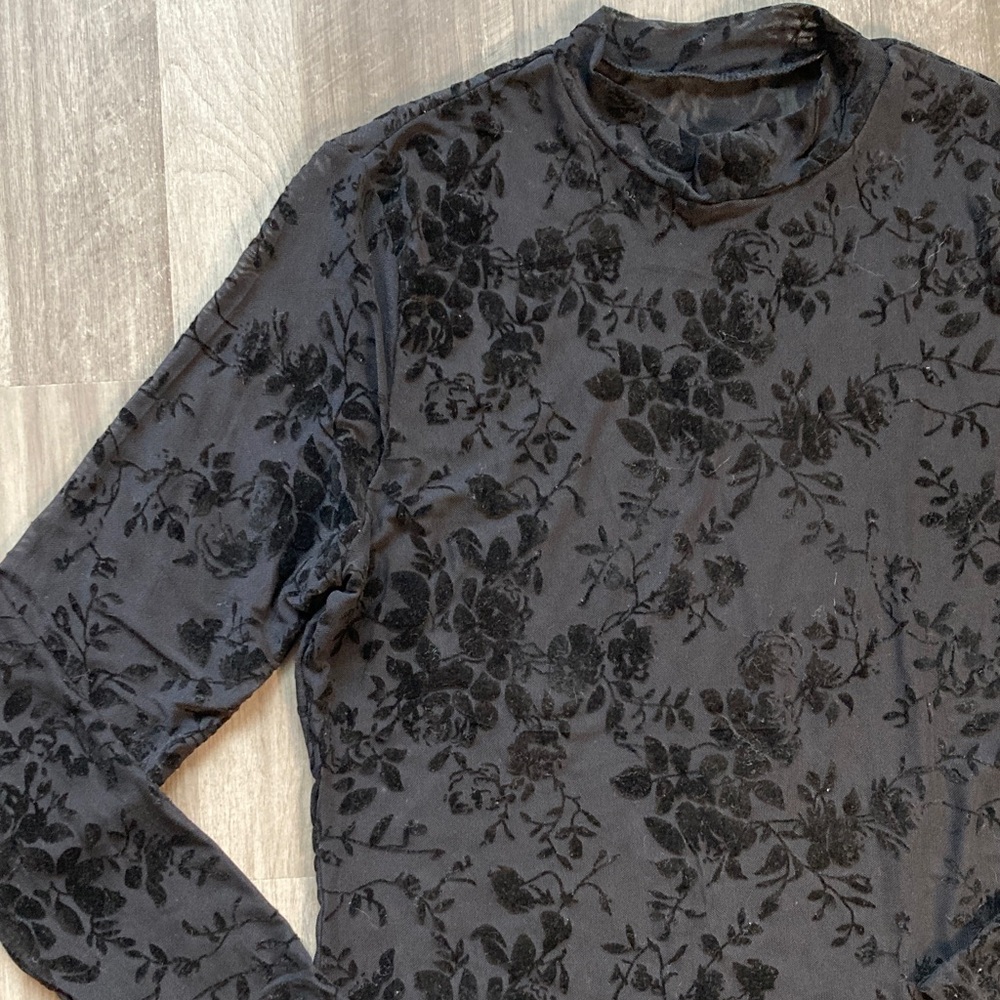 NWT Burnout Velvet floral Sheer stretch mesh Flocked Mockneck Whimsigoth Top XL
